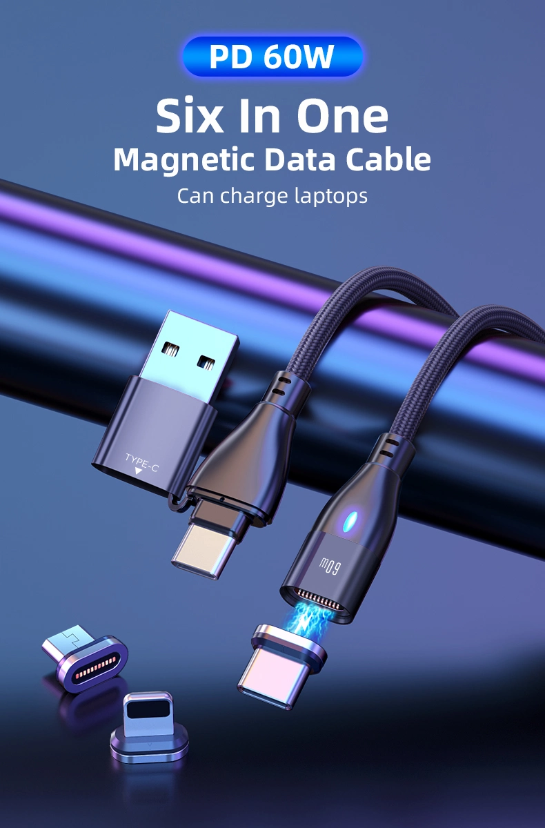 Magnetic Data Cable Pd 60W Fast Charging Cable LED Light Multifunctional 6 in 1 USB for Micro/Type-C/Lightning